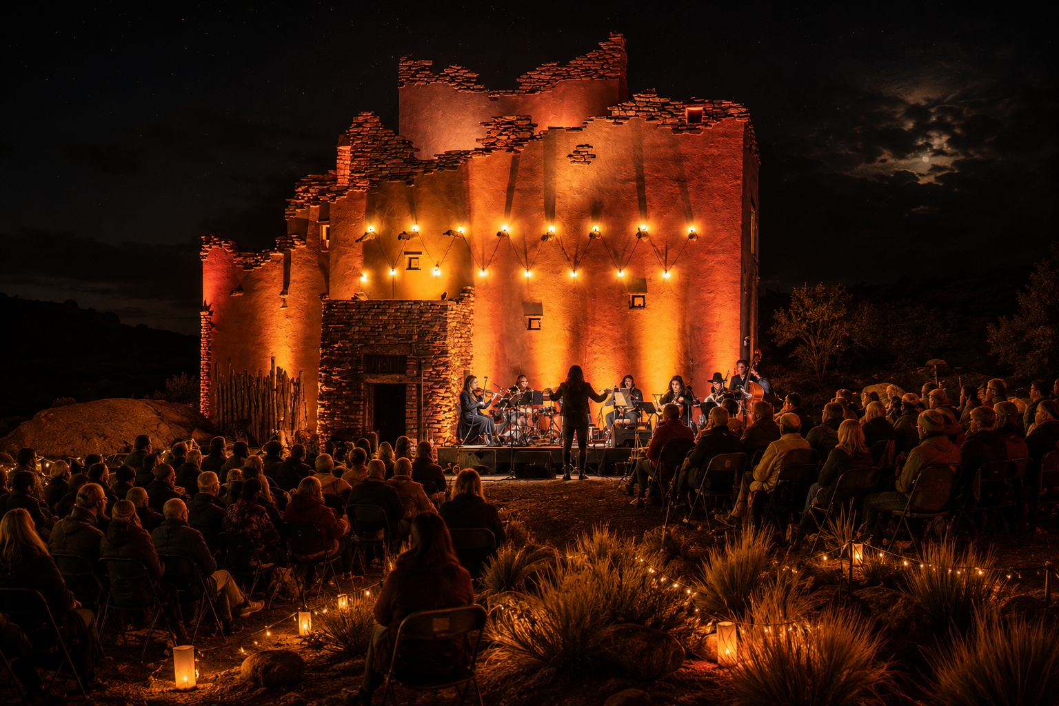 Audience attending a Symphony Chaco outdoor performance at Sky Village at Canyon of the Ancients with orchestra, conductor, and illuminated desert architecture.